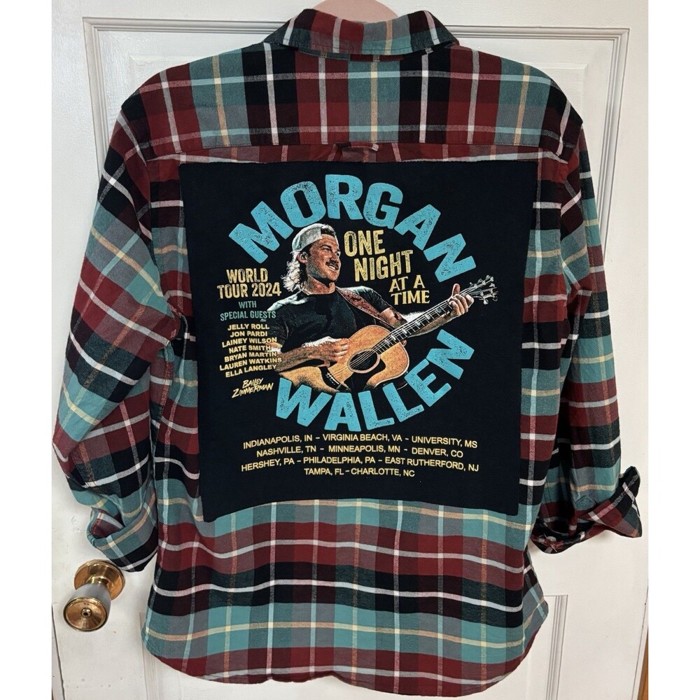 Morgan Wallen Upcycled Flannel Button Up Shirt Boho Grunge Unisex Country Large